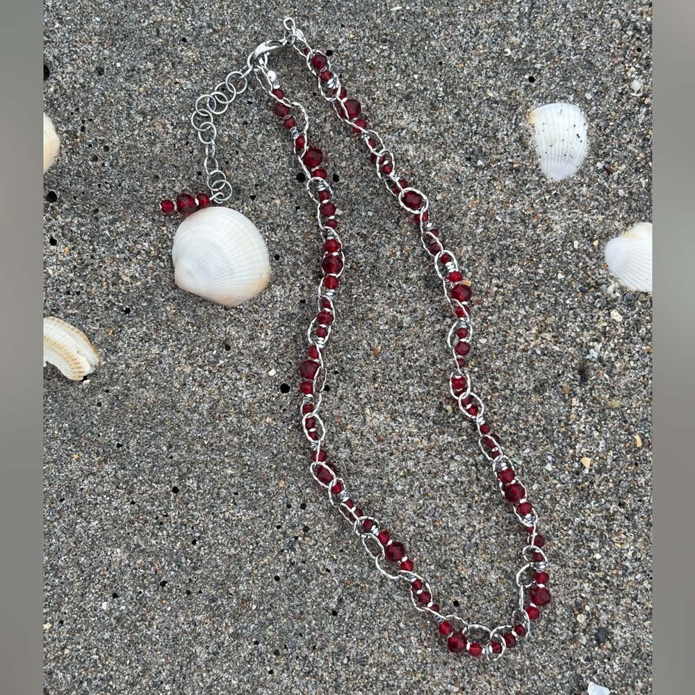 Handmade Textured Chain & Red Crystal Necklace